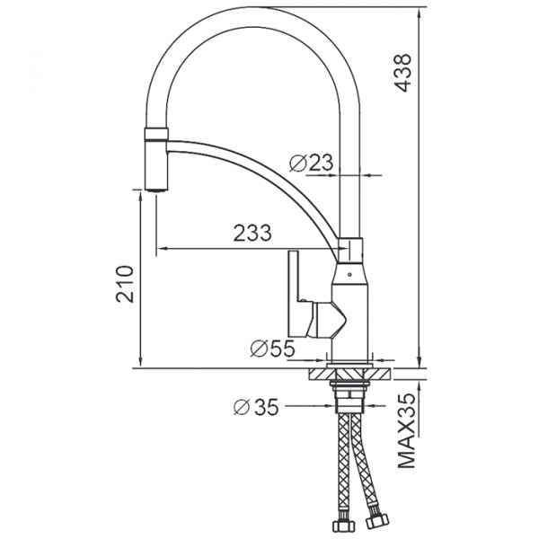 FRAP смеситель для кухни шаровый D35мм F4552 гибкий излив, латунь, хром