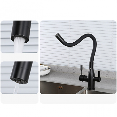 FRAP смеситель для кухни шаровый D35мм F4396-6 c подкл.к фильтру, гибкий излив, латунь, черный